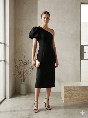 Rebecca Vallance Andie One-Shoulder Cloqué Midi Dress Black US 2 UK 6 NWT